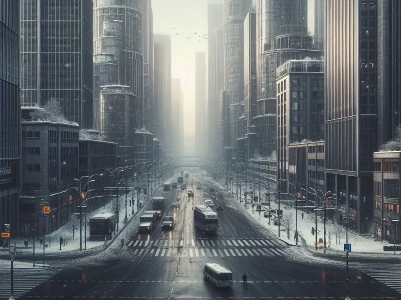 Серый город зимой. Изображение создано Hrodna.life в нейросети DALL·E 3