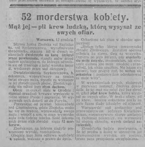 Статья «52 убийства женщин». Источник: Express Wieczorny Ilustrowany, 12 декабря 1926 г.