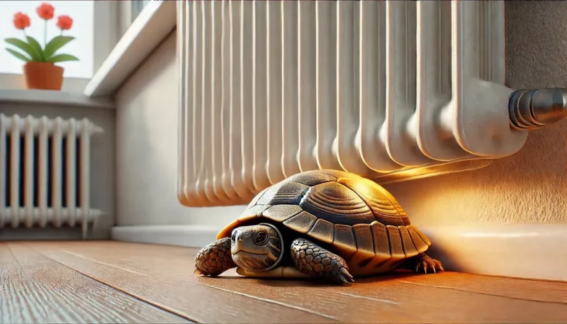 В Гродно и Гродненской области включают отопление в квартирах Черепаха греется под батареей. Иллюстрация созданная редакцией Hrodna.life с помощью нейросети DALL-E