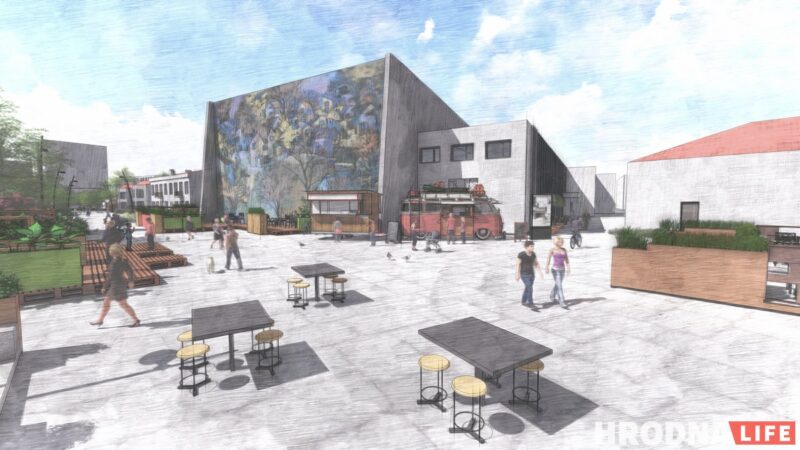 Арт-куток, моладзевая прастора і Гараднічанка па плошчы Леніна. Гродзенка прапануе зрабіць цэнтр зручным для гараджан Графити на стене Дома офицеров и пространсво "Молодёжное" - фрагмент проекта Городницы гродненской архитекторки Анны Орлюк