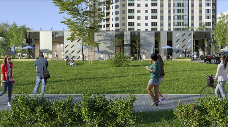 На пустыры ля міні-рынку "Дзевятоўка" пабудуюць стыльнае кафэ з тэрасамі. Праект распрацавала мінская майстэрня Візуалізацыя новага кафэ на Дзевятоўцы. Распрацоўшчык праекта: ТАА АС Груп Праект | ASGP Architects