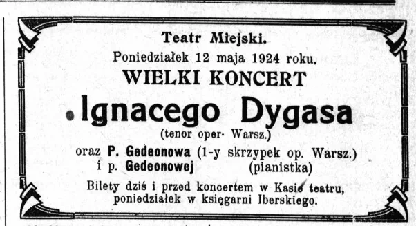 Абвестка пра канцэрт Ігнацыя Дыгаса ў Гродне, які не адбыўся - газета Echo Grodzieńskie за 1924 год