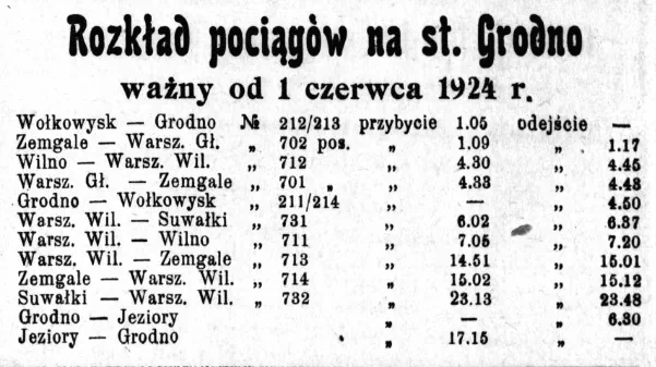 Расписание поездов на станции Гродно с 1 июня 1924 года