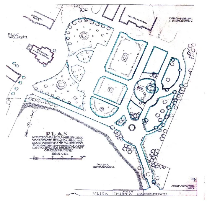План новага гарадскога парка ў Гродне (праект В. Таньскага) 1924 года. Перамаляваны Юзафам Ядкоўскім у 1929 годзе