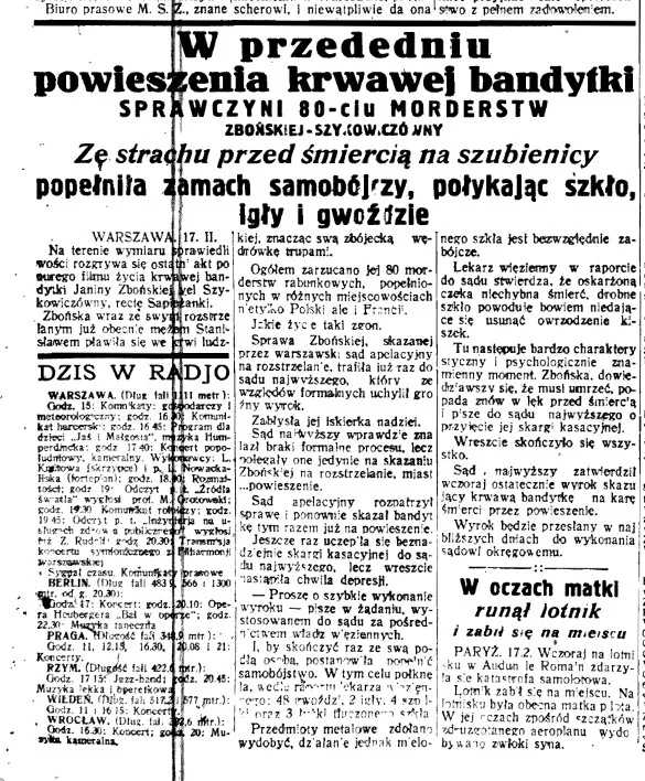 Яніне Збоньскай прыпісвалі нават 80 забойстваў. Dziennik Białostocki, 18 лютага 1927 года