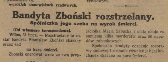 Паведамленне пра смяротнае пакаранне Станіслава Збоньскага 31 ліпеня 1926 года. Крыніца: Łódzkie Echo Wieczorne