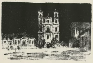 Сінагога — чайны дамок, Сафійскі сабор — аб’еўшыся поп. Як немцы малявалі і апісвалі захоплены Гродна ў 1916-м Фарны касцёл. Малюнак з альбома “Skizzen aus Litauen, Weissrussland und Kurland”. Мастак Hermann Struck. Тэкст Herbert Eulenberg