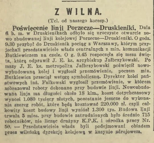 Заметка об открытии линии в газете «Kurjer Warszawski» (1934, №276)