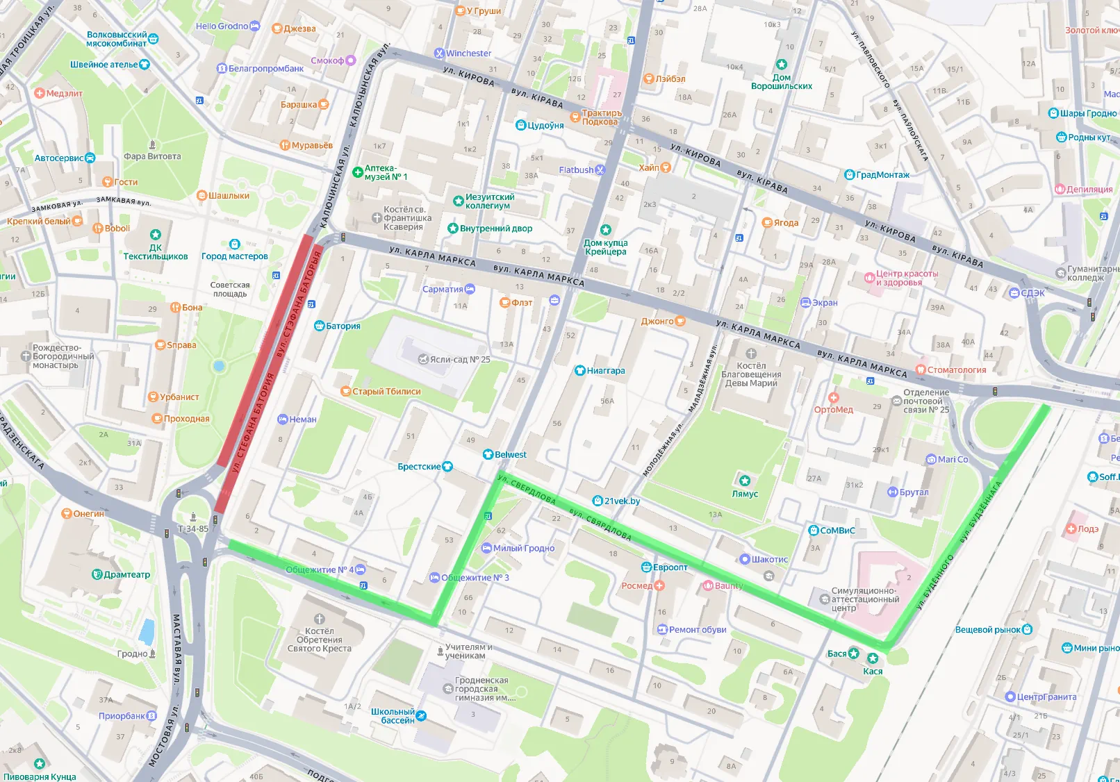 Схема аб'езду. Чырвоным пазначана закрытая вуліца Стэфана Баторыя. Зялёным - аб'езд для аўтобусаў і маршрутак. Схема Hrodna.life.